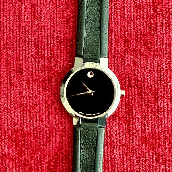 Movado Museum Swiss Made Quartz Black Leather Strap Silver Case Watch Women’s